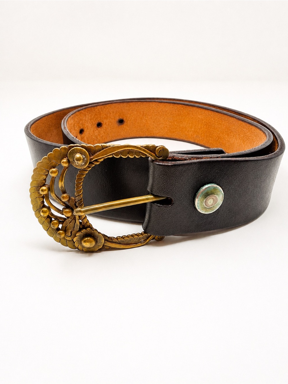 Vintage 70a Brass Buckle Western Boho Belt Black Genuine Leather Ornate Festival
